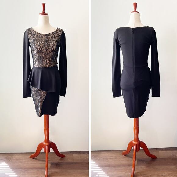 bebe Black Lace Peplum Body Con Long Sleeve Dress Size XS - Picture 1 of 7